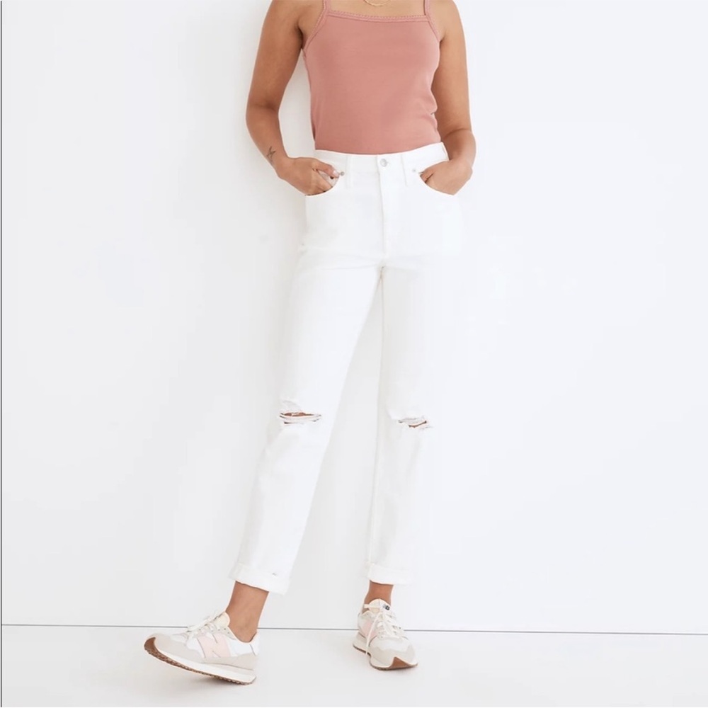 Madewell The Slim Boy Jean Women’s Size 27 White Stretch Ripped Knees High Rise